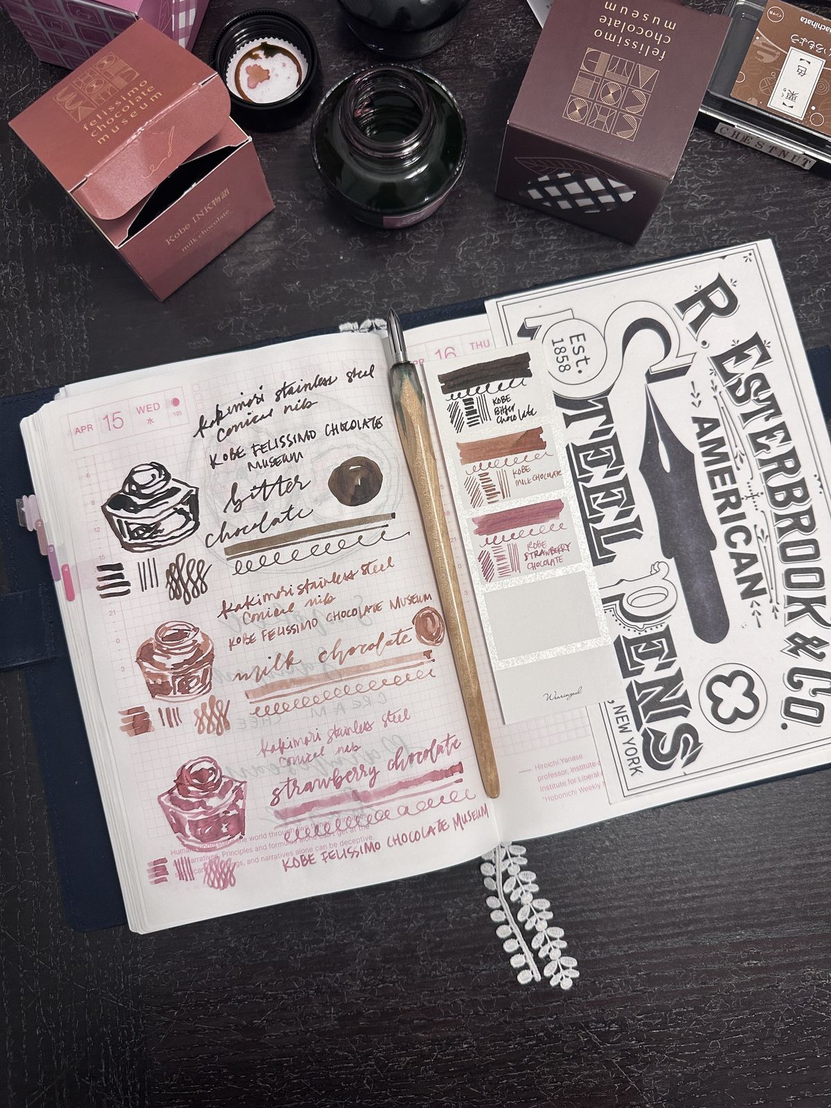 A journal spread of chocolate ink swatches beside an Esterbrook steel pens print